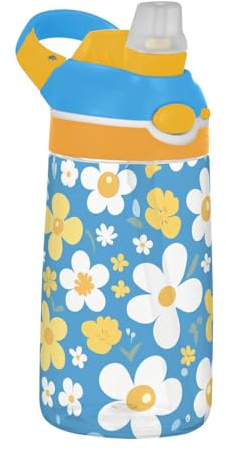 Bouteille d'eau légère pour enfants avec paille et fleurs blanches jaunes sur fond bleu pour école garçons filles botellas para agua