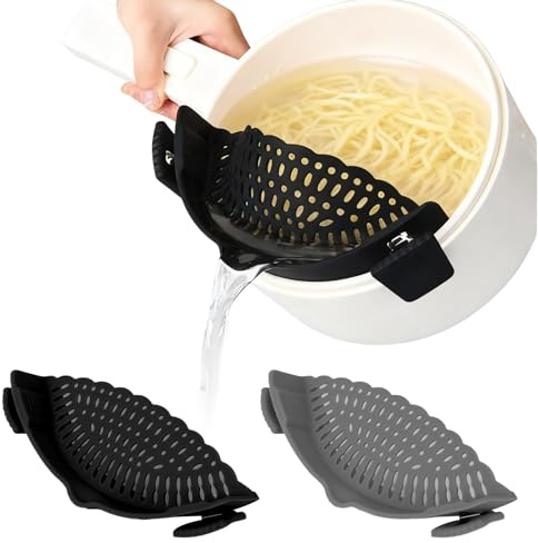 2 Stück Abgießhilfe, Silikon Nudelsieb, Hitzebeständiges Sieb, Einhängen in Topf Pfanne, für Töpfe und Pfannen bis 26CM, Nudeln, Kartoffeln, Gemüse (Grau, Schwarz)