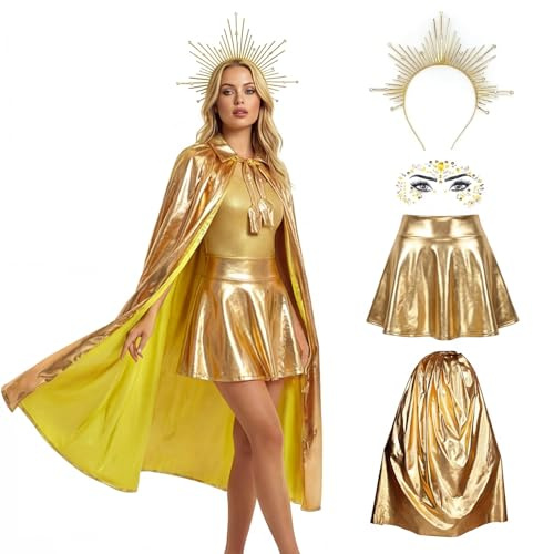 Mprocen Sonnengöttin kostüm Metallic-Glitzerrock für Damen Haarreif Sonne Glitzersteine Gesicht Gold Goldenes Cape mit Schulterriemenfür Damen für Halloween Karneval Mottopartys Cosplay Party