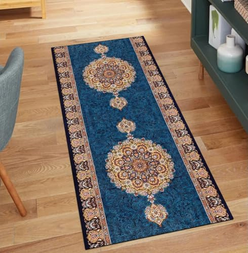 QQrunner Teppichläufer Blau rutschfest, Vintage 70x100CM Teppich Läufer Flur Waschbar Kücheteppich Meterware Lang Korridor Polyester Wohnzimmer Schmutzfangmatte