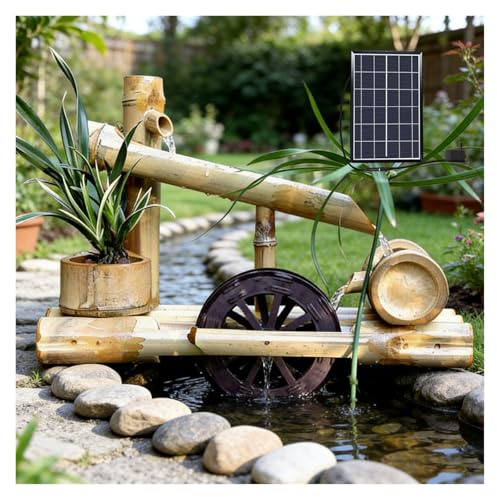 Fontaine À Eau Solaire en Bambou, Décor De Jardin Zen avec Pompe Et Décor De Jardin Extérieur Feng Shui À Énergie Solaire, pour Pelouse Intérieure Extérieure,50cm