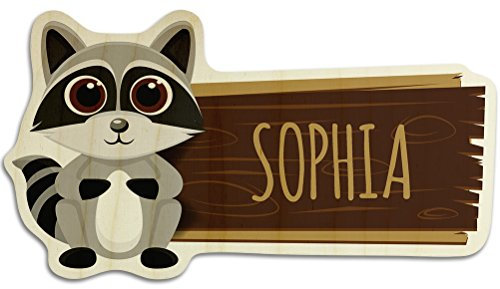printplanet Türschild aus Holz mit Namen Sophia - Motiv Waschbär - Namensschild, Holzschild, Kinderzimmer-Schild