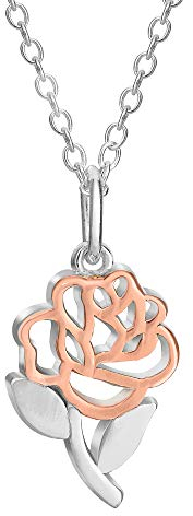 Disney, Beauty and the Beast Sterling Silver Two Tone Belle’s Rose Pendant Necklace, 18”