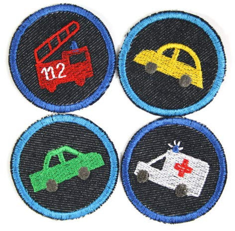 Bügelbilder Auto Feuerwehr Krankenwagen 4 Flicken ø 5 cm Aufbügler kleine Bügelflicken rund Bio Jeansflicken Patches Hosenflicken zum aufbügeln