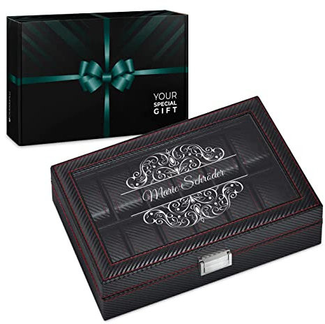 Maverton Uhrenbox mit Gravur für 12 Uhren - 33x21x8cm - Uhrenkasten aus Kunstleder - Schwarz - Geschenk für Damen - Motiv
