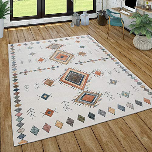 Paco Home Teppich Wohnzimmer Kurzflor Geometrisches Muster Skandi Boho Modern Style, Grösse:60x100 cm, Farbe:Creme