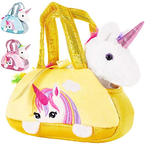 BRUBAKER Einhorn Tasche Regenbogen - 20 cm - Plüschtier in Handtasche - Plüsch Stofftier Kuscheltier - Gelb