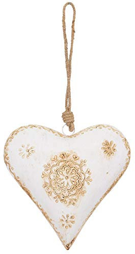 EXNER dekorativer Anhänger Herz Metall bauchig beidseitig Creme-beige handbemalt antik patiniert Landhausoptik (groß ca. 21 x 8 x 20 cm)