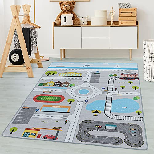 Carpetsale24 Kinderteppich Straßenteppich Lernen und Spielen Grau 160 x 230 cm - Kurzflor Teppich Kinderzimmer für Jungen und Mädchen Pflegeleicht - Waschbar Spielteppich Babyzimmer Babyteppich