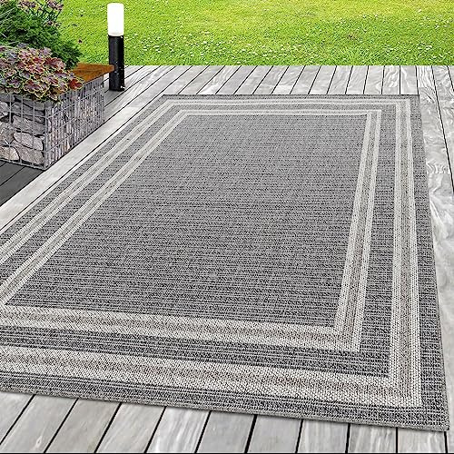 SIMPEX In- & Outdoor Teppich 120x170 cm, Wetterfest & Robust, Flachgewebe mit Modernem Bordüren-Design in Grau & Creme, Rechteckig für Terrasse, Balkon, Küche, Bad & Wohnzimmer
