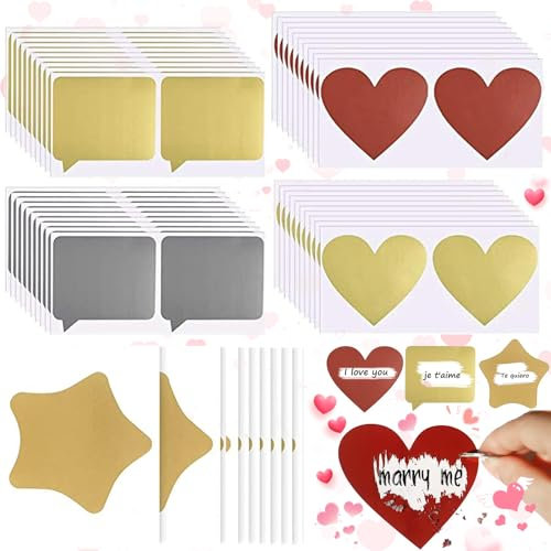 Truee 100 Stück Rubbelsticker Etiketten, Rubbeletiketten Stern, DIY Rubbellos Aufkleber für Einklebebuchbuch, Postkarte Überraschung Rubbellose und Hochzeitsspiele (5 Stile)