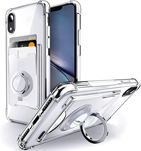 SHIELDS UP Designed for iPhone XR Case, iPhone XR Minimalist Wallet Case with Ring Kickstand and Card Holder, Transparent Slim Shockproof TPU Bumper Cover for iPhone XR - Clear