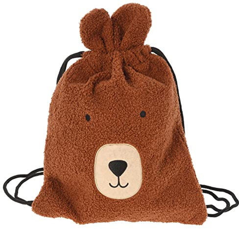 MIJOMA Kuschelige Plüschtasche aus weichem Teddyfleece mit aufgesticktem Gesicht und angenähten Ohren (Bär Braun, Turnbeutel 36x30cm)