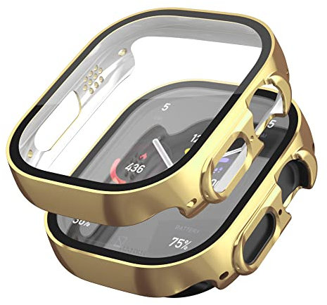 2 Pezzi HANKN per Apple Watch Ultra 49mm Cover Custodia Proteggi Schermo Vetro Temperato, Placcato Rigida Antiurto Copertura Totale Iwatch Cover (49mm, Oro)