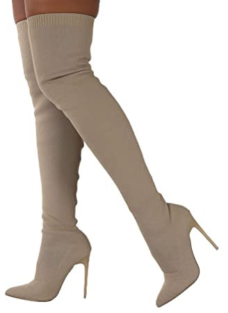 ticticlily Stivali da Donna sopra al Ginocchio Stivali Alti Stivali Invernali Camoscio Calda Stivali Lunghi Moda Tacco A Stiletto A Beige 43 EU