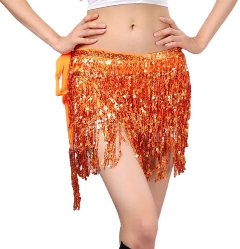 ORANDESIGNE Sexy Bauchtanz Kostüm Damen Fransen Pailletten Rock Hüfte Quaste Hüfttuch Funkeln Wrap Rave Kostüm A Orange Einheitsgröße
