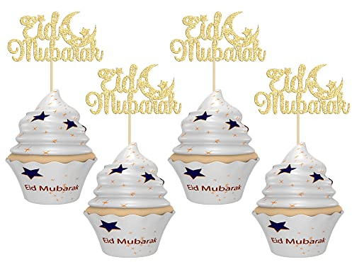 Gyufise 24 Stück Eid Mubarak Cupcake-Topper Gold Glitzer Mond Stern Ramadan Kareem Cupcake Picks Dekorationen für Eid islamische muslimische Themenparty Zubehör