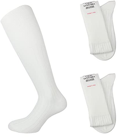 Leedya 2 Paia di Calze Sanitarie Filo di Scozia Uomo 100% Made in Italy - Calza Sanitaria 100% Cotone Mercerizzato Rimagliato a Mano - Calzini Senza Elastico per Diabetici (Bianche, 43-45)