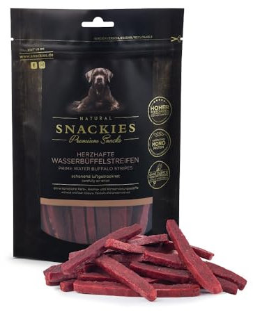 SNACKIES 16er-Pack (à 170g) Premium Snacks für Hunde, Herzhafte Wasserbüffelstreifen ohne Zusatz von Getreide, Zucker, Farb-, Aroma- und Konservierungsstoffe, schonend luftgetrocknete Leckerli
