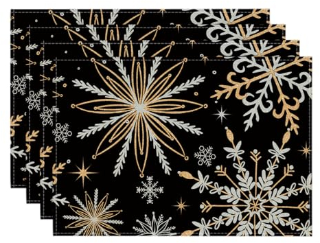 Artoid Mode Schwarz Gold Schneeflocken Weihnachten Platzsets 4er Set, 30x45cm Winter Xmas Tischset Waschbar Platzdeckchen Küche Party Deko