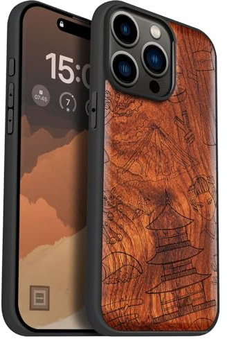 Carveit Magnetic Wood Case for iPhone 15 Pro Max [Solid Wood & Black Soft TPU] Shockproof Protective Cover Unique Wooden Case Compatible with magsafe (Japan Doodle Symbols -Red Wood)