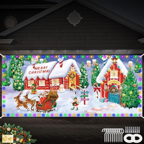 Tatuo 7 x 16 Fuß Weihnachten Garagentor Banner Abdeckung mit LED Lichterkette Außen Großes Frohe Weihnachten Hintergrund Banner Kamin Weihnachtsbaum Hängen Deko für Neujahr (Weihnachtshaus Stil)