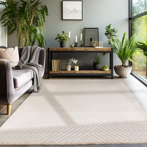 SIMPEX Kurzflor Teppich Wohnzimmer 200x290 cm Beige Modern Skandinavisch Boho Design Einfarbig 3D Effekt Weich Waschbar Pflegeleicht für Schlafzimmer Esszimmer