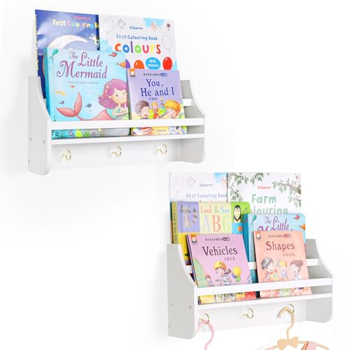 MOFASVIGI Nursery Bookshelf Set of 2 Book Shelf Organiser Floating Baby bookshelf Wall Mounted Shelves Toy Hanging Organizer for Kids Nursery Decoration, Kitchen Spice Rack 16 inch(White)