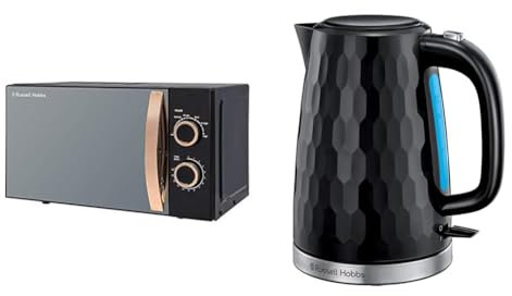 Russell Hobbs RHM1727RG 17 Litre 700 W Rose Gold Solo Microwave with 5 Power Levels, 30 Minute Timer & Honeycomb Electric 1.7L Cordless Kettle (Fast Boil 3KW, Black premium plastic, matt