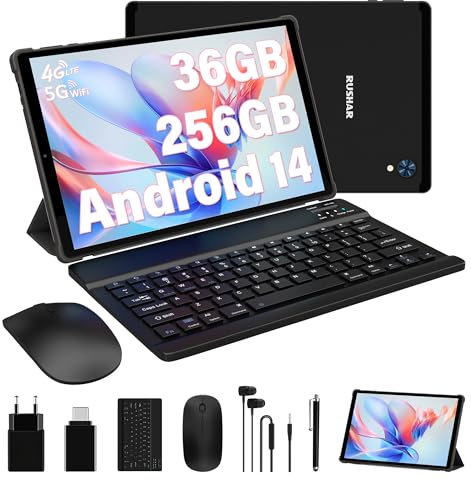 RUSHAR Tablet 10.4 Pollici Android 14 con 36GB RAM+256GB ROM (2TB TF),Tablet 4G LTE/SIM+5G WiFi,Octa-Core,2000 * 1200,8000mAh,13MP+8MP,Tablet in offerta con Tastiera etc,GPS/Bluetooth,Nero