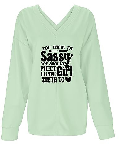 Women's Casual Solid Color V-Neck Letter Print Pullover Stylish Top Women's Pullover Dark Brown Ladies T-Shirt Tops V-Neck Women Long Sleeve T-Shirts, Mint Green, XL