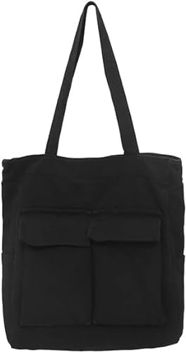 Tuobo Canvas-Tragetasche mit Taschen, Hobo-Tasche, lässige Schultertasche für Damen, mit mehreren Taschen für Shopping, Reisen, Arbeit, Schwarz