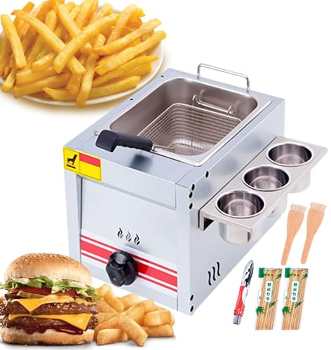 Friggitrice a gas professionale, friggitrice da banco per ristorante con cestello rimovibile e coperchio, friggitrice a temperatura regolabile con griglia per condimenti e bottiglie di salsa, 10 l
