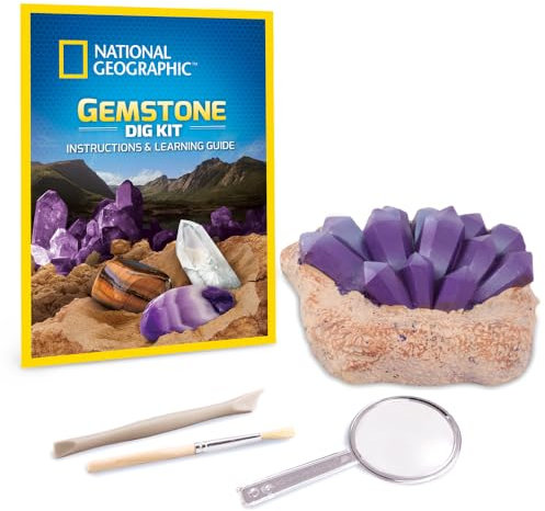 Giochi Preziosi National Geographic - Kit Geologico con Pietra da Scavo e Strumenti per Gemme Preziose, Puoi Trovare Ametista, Quarzo e Occhio di Tigre. Guida e Lente di Ingrandimento Inclusi