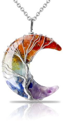 Kotkiddy Collier en cristal, collier croissant de lune enveloppé de fil d'arbre de vie, collier pendentif en pierre naturelle, cadeaux en pierre précieuse bijoux, multicolore, L
