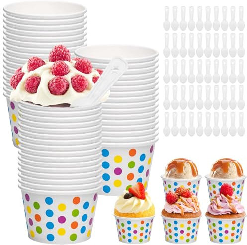 BAIFULAI Lot de 50 coupes à glace, en papier, avec cuillères, 200 ml, pour gâteau, glace, en carton, avec pois colorés, pour glace, dessert, amuse-bouches, yaourt