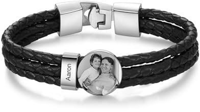 Jeweidea Lederarmband Herren mit Foto Personalisiertes Armband mit Namen Graviert Edelstahl Perlenarmband Herren Geschenke für Männer Papa Geschenk Vatertag Weihnachten (Silber-1 name)