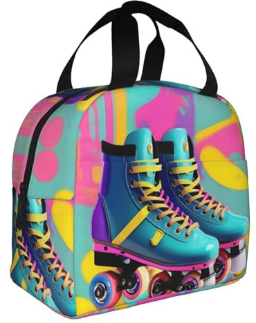 HJLUUFT Bolsa de almuerzo portátil con diseño retro de patines de ruedas, bolsa térmica para lonchera Bento, ideal para adultos y niños pequeños