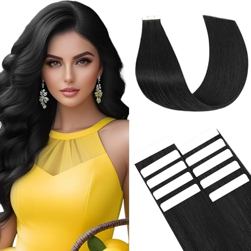 Benehair Tape in Extensions Echthaar, Invisible Tape Extensions Echt Haar, 50CM Haarverlängerung Echthaar Tapes, Remy Natural Tapes Extensions Echthaar, 10Pcs 15g Dunkles Schwarz #1