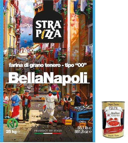 Strapizza Bella Napoli blu, farina di grano tenero, tipo 00, Pizzamehl fur pizza, Mehl 25kg + Italian Gourmet polpa 400g