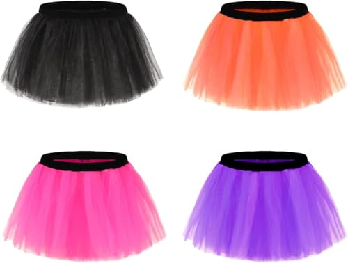 Erogeen 4 Pack Runner Tutu Skirts Women Tulle Skirt 3 Layered Elastic Puffy Tutus 80s Fancy Dress Costumes