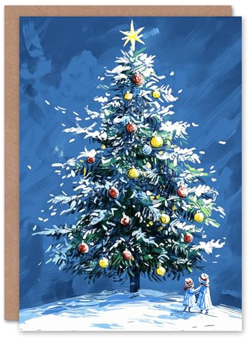 Wee Blue Coo Greeting Card Children Under Large Snow Laden Decorated Tree For Child Kids Xmas Christmas Card