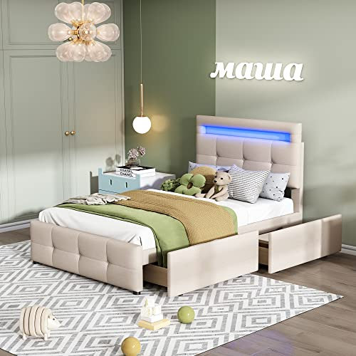 Dolamaní Modern Jugendbett 90x200 cm Polsterbett mit Bettkasten, Bett mit Lattenrost & Stauraum, Polster Kopfteil mit Ablagefach, Leinenpolsterung, Kinderbett für Jungen & Mädchen (Beige B)