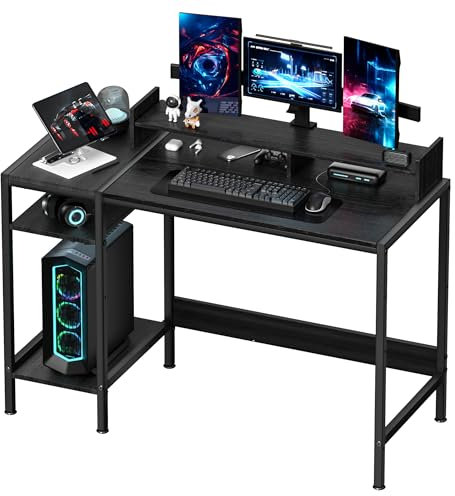 DOSDIOS Gaming Computer Desk, 120x50cm Home Office Desk with Storage Shelf, Writing Table with Monitor Stand