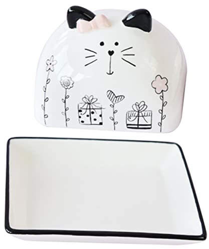 Veemoon Cat Ceramic Butter Box Kitchen Storage Covered Dish for Refrigerator Cute Cat Home Decor