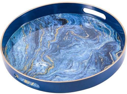 Simmer Stone Round Decorative Tray, Marbling Plastic with Handles, Modern Vanity nd Serving for Ottoman, Coffee Table, Kitchen and Bathroom, Size 13 INCH (Marble blue)