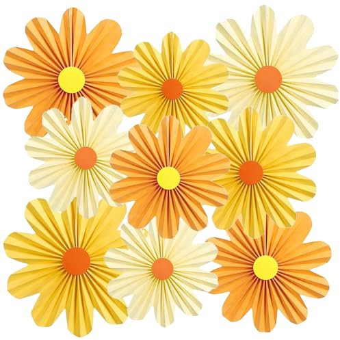 Paper Fan Flower Decorations Spring Garden Party Birthday Weddings Various Activity Wall Decoration 9 Pcs Daisies Orange-Yellow
