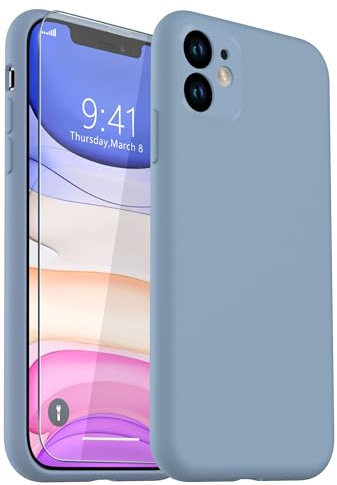 CASELIVE for iPhone 11 Case, Liquid Silicone Case with [Tempered Glass Screen Protector] Full Body Shockproof Soft Anti-Scratch Phone Case for iPhone 11 6.1 inch (Blue)