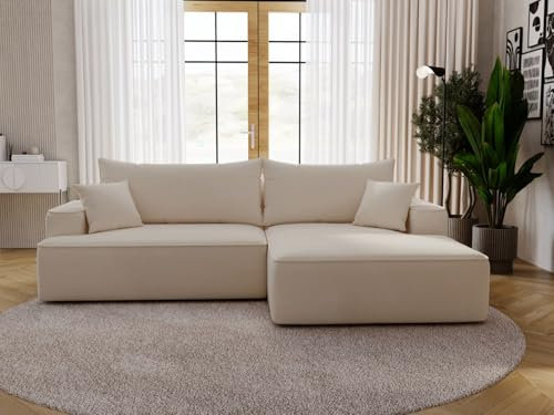 GRAINGOLD California Ecksofa mit Schlaffunktion & Bettkasten 270x165 cm, L-Form Sofa mit Stauraum, Schlafcouch für Wohnzimmer, Velour, 3-Sitzer Eckcouch, Modernes Design (Beige, Rechts)