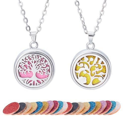 WEBEEDY 2 Pack Aromatherapy Essential Oil Diffuser Necklace Tree of Life Stainless Steel Locket Pendant Aroma Necklace with Felt Pads for Women Men Christmas Valentine's Day Birthday Jewelry Gift